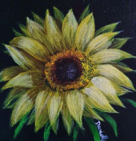 Danielle Art Original Acrylic and Oil Paintings New Acrylic Painting – Sunflower 2: Close-up of a vibrant sunflower with yellow petals and a dark brown center.