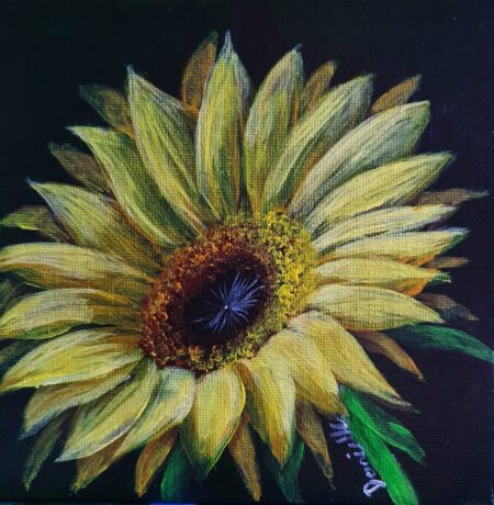 Danielle Art Original Acrylic and Oil Paintings New Acrylic Painting – Sunflower 5: Detailed close-up of a vibrant yellow sunflower with a dark center.