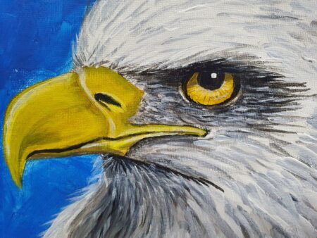 Danielle Art Original Acrylic and Oil Paintings Painting of an eagle's head with striking yellow eye and beak against a blue background.