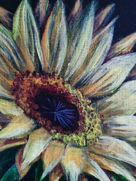 Danielle Art Original Acrylic and Oil Paintings Close-up of Danielle Siauw's sunflower painting, showcasing textured brushstrokes and vibrant colors.