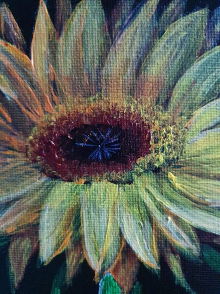 Danielle Art Original Acrylic and Oil Paintings Close-up of a vibrant sunflower painting with textured petals and a dark center.