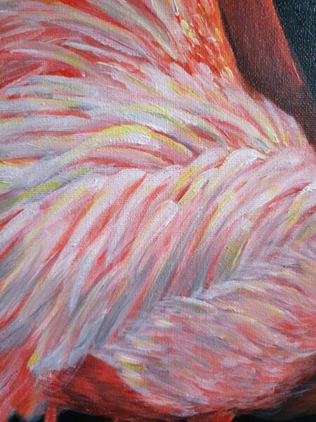Danielle Art Original Acrylic and Oil Paintings Close-up of a flamingo painting with vibrant pink, red, and yellow brushstrokes.