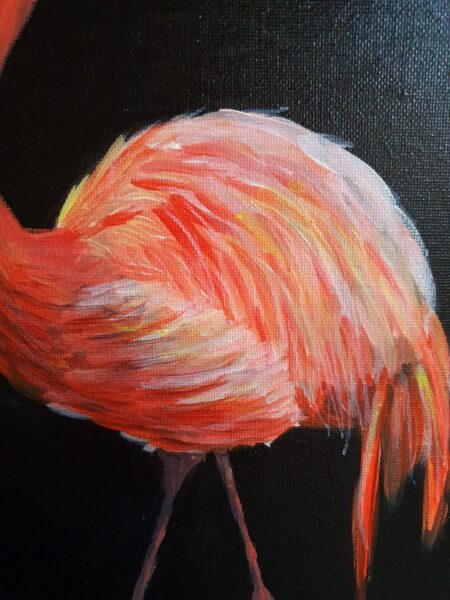 Danielle Art Original Acrylic and Oil Paintings Flamingo painting with vibrant pink and orange feathers against a black background.