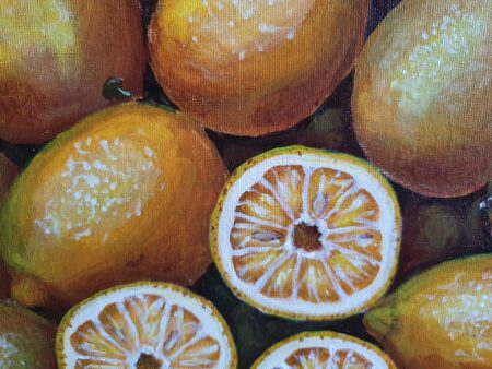 Danielle Art Original Acrylic and Oil Paintings Oil painting of fresh lemons, some halved, in vibrant yellow tones.