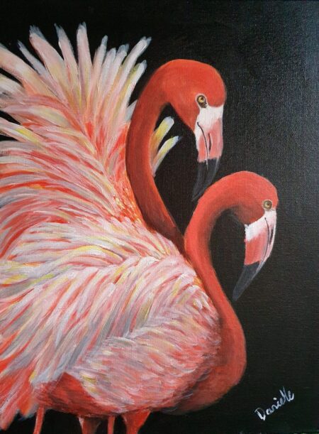 Danielle Art Original Acrylic and Oil Paintings Original Acrylic Painting: Two pink flamingos with curved necks forming a heart shape. Danielle Siauw art.