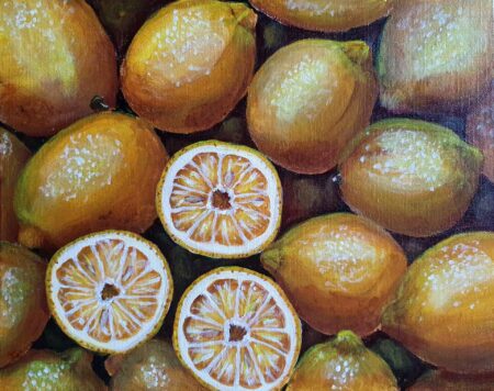 Danielle Art Original Acrylic and Oil Paintings Original Acrylic Painting – When Life Gives You Lemons…: A vibrant still life of salted lemons, whole and halved.