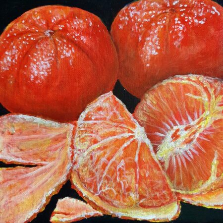 Danielle Art Original Acrylic and Oil Paintings Original Acrylic Painting – Mandarin Oranges 1: Vibrant still life of mandarin oranges, peeled and whole, on a black background.