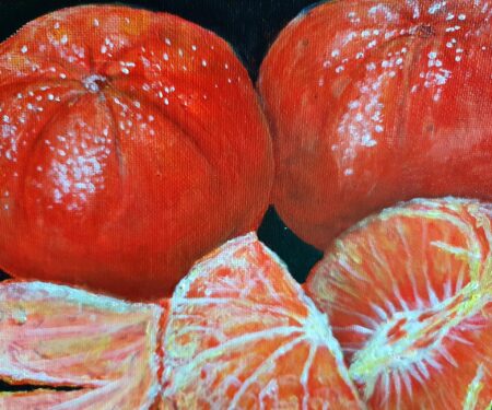 Danielle Art Original Acrylic and Oil Paintings Original Acrylic Painting – Mandarin Oranges 1: Still life art of vibrant oranges and segments on black.