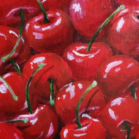 Danielle Art Original Acrylic and Oil Paintings Oil painting of bright red cherries with green stems and white highlights.