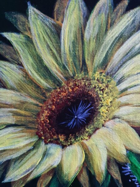 Danielle Art Original Acrylic and Oil Paintings Close-up painting of a sunflower with yellow petals and a dark brown center by Danielle Siauw.