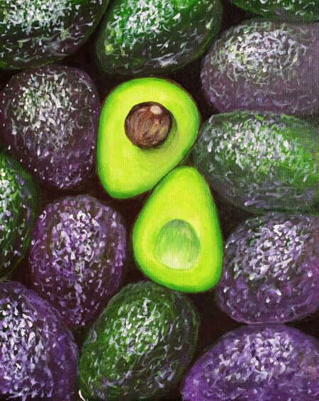 Danielle Art Original Acrylic and Oil Paintings Avocado halves surrounded by whole avocados, a fine art painting.