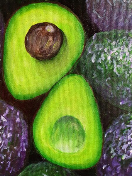 Danielle Art Original Acrylic and Oil Paintings Halved avocados with pit on a canvas painting.