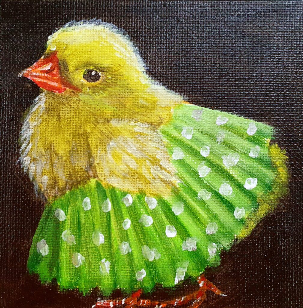 Whimsical chick painting with a fluffy yellow chick in a green polka-dotted cupcake liner by Danielle Siauw