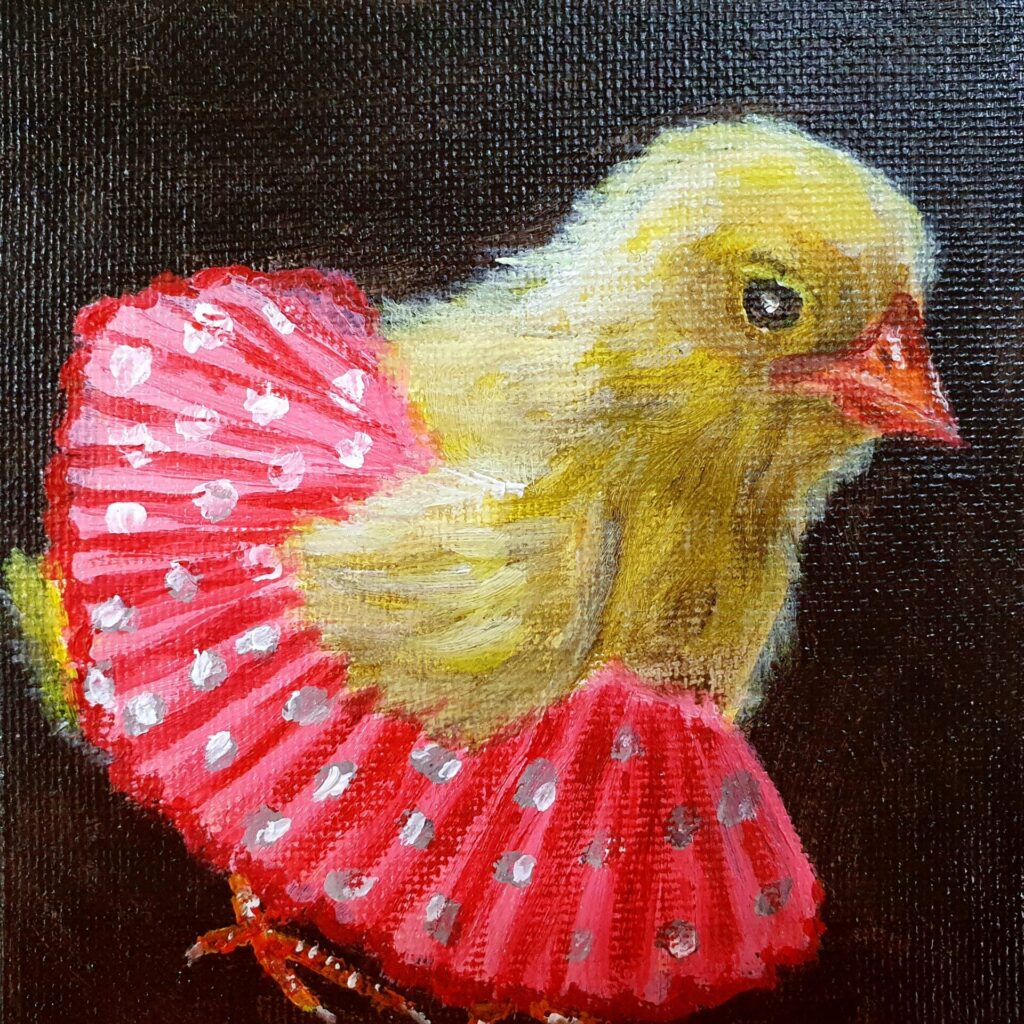 Whimsical chick painting with a fluffy yellow chick in a red polka-dotted cupcake liner by Danielle Siauw