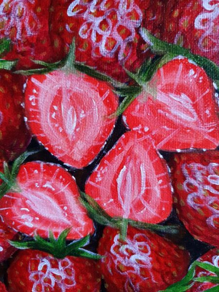 Danielle Art Original Acrylic and Oil Paintings Fresh, sliced strawberries showing juicy red interiors and tiny seeds.