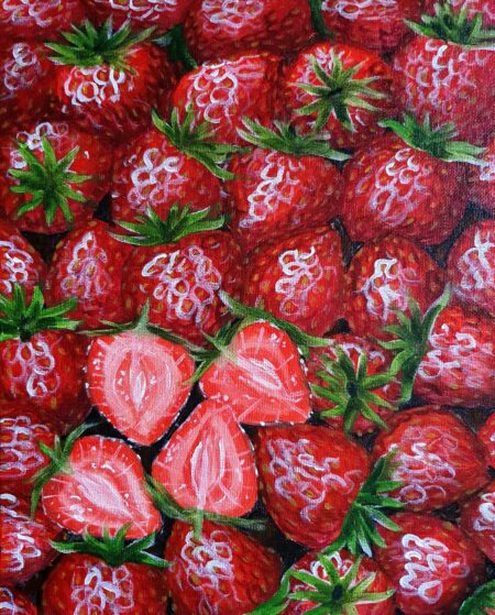 Danielle Art Original Acrylic and Oil Paintings Acrylic painting of fresh ripe strawberries, some cut in half, showcasing fine art and good food.
