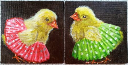 Danielle Art Original Acrylic and Oil Paintings Two adorable chicks wearing colorful cupcake liner tutus, whimsical art.