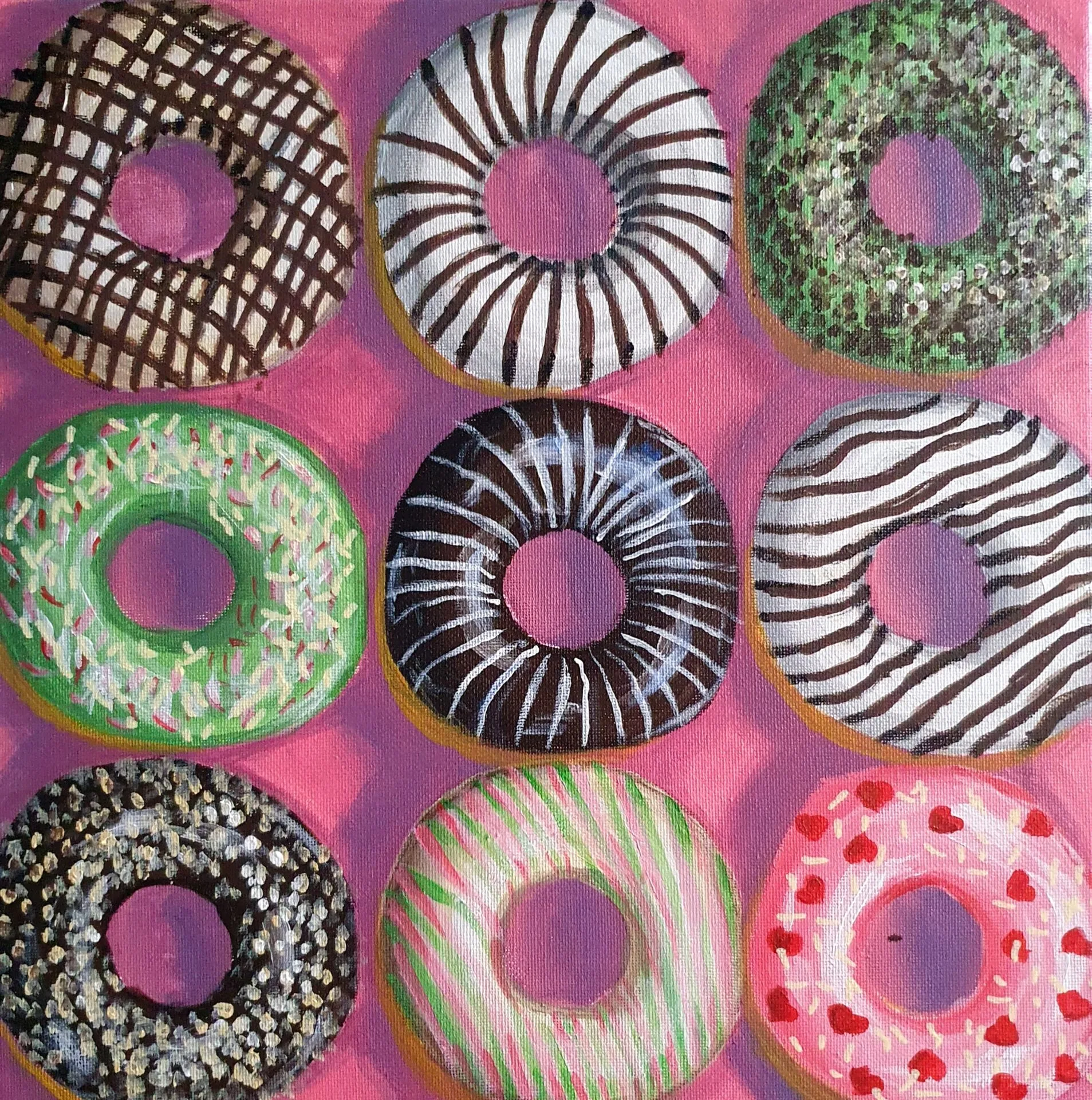 Donuts painting with colourful glazed donuts and playful toppings on a pink background by Danielle Siauw