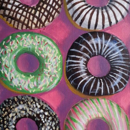 Danielle Art Original Acrylic and Oil Paintings Colorful donut assortment with green, chocolate, and striped frostings on pink background.