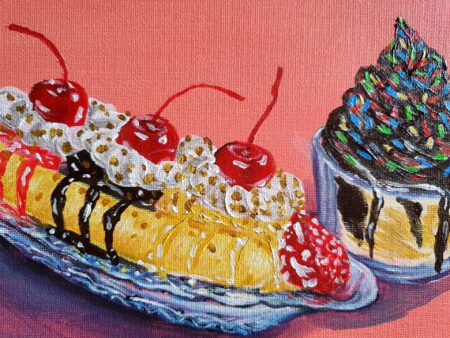 Danielle Art Original Acrylic and Oil Paintings Banana split and sundae painting. Colorful dessert art by Danielle Siauw.