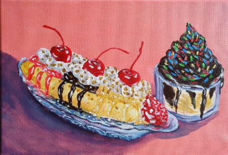 Danielle Art Original Acrylic and Oil Paintings Original Acrylic Painting – A Sweet Sundae Escape: A vibrant painting of a banana split and sundae.