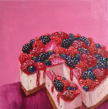 Danielle Art Original Acrylic and Oil Paintings Original Acrylic Painting – Berries Cheesecake: A vibrant still life of a cheesecake topped with fresh berries and dripping glaze.