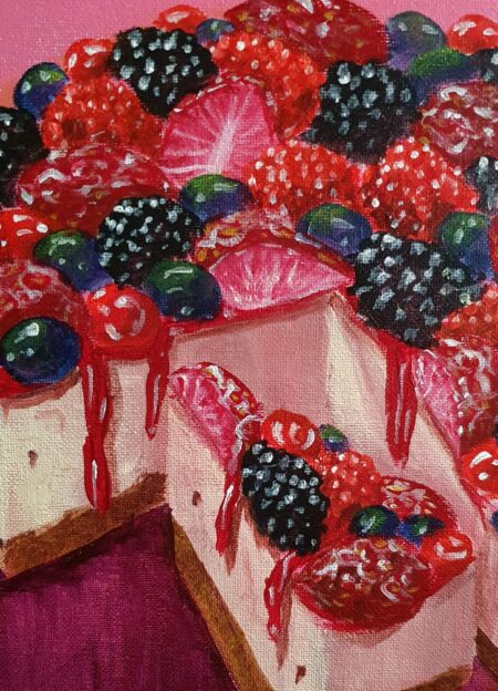 Danielle Art Original Acrylic and Oil Paintings Berry cheesecake painting: Strawberries, blackberries, blueberries, and red glaze.