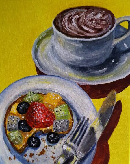 Danielle Art Original Acrylic and Oil Paintings Original Acrylic Painting: Fruit tart with berries, kiwi, and coffee with whipped cream.