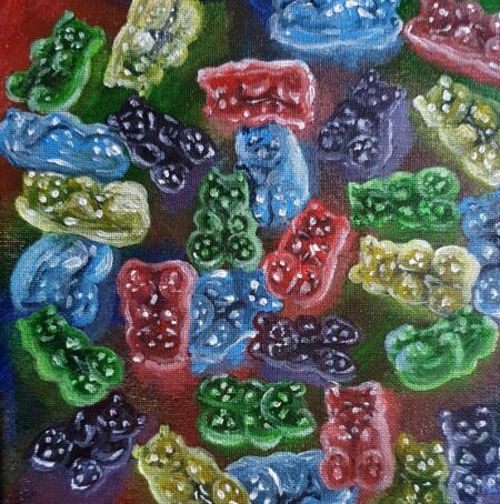 Danielle Art Original Acrylic and Oil Paintings Original Acrylic Painting - Gummy Bears: Colorful assortment of gummy bear candies in various flavors and colors.