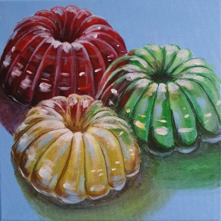 Danielle Art Original Acrylic and Oil Paintings A Sweet Celebration: Trio of Jello Delights. Red, green, and yellow jello molds with glossy finish.