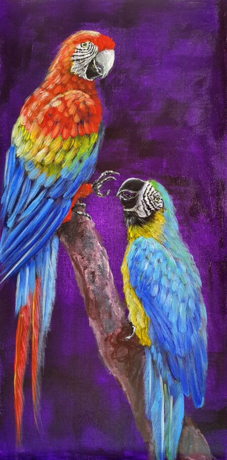Danielle Art Original Acrylic and Oil Paintings Original Acrylic Painting – Macaws in Conversation: Two colorful macaws perched on a branch against a purple backdrop.