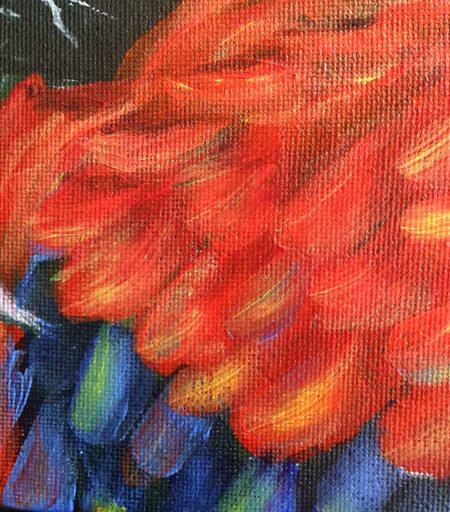 Danielle Art Original Acrylic and Oil Paintings Abstract painting with vibrant red, orange, and blue brushstrokes on canvas.