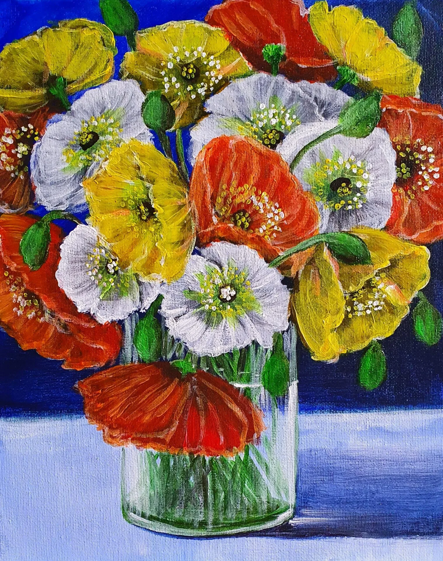 Bouquet of Poppies painting with yellow orange and white poppies in a glass vase by Danielle Siauw