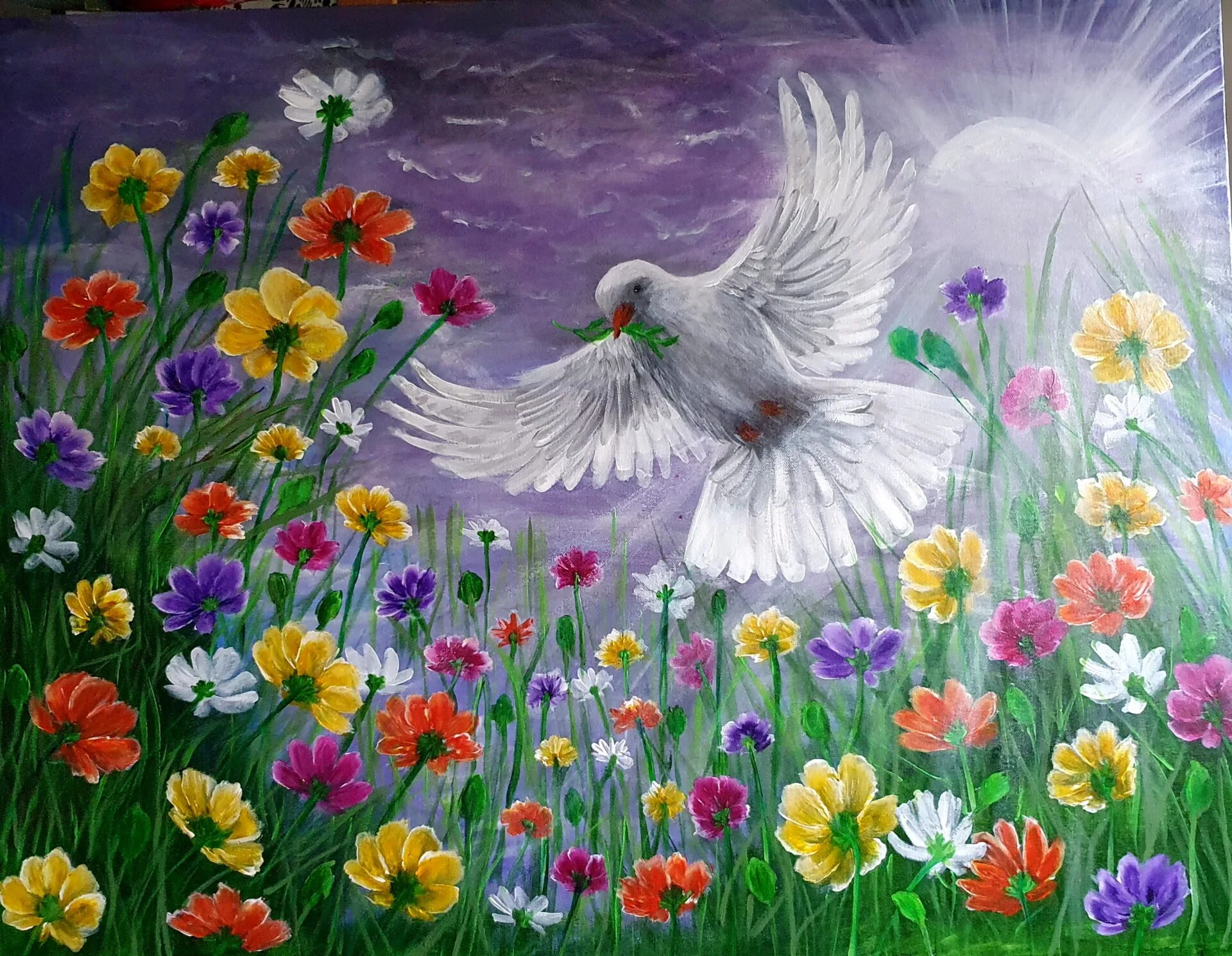 Danielle Art Original Acrylic and Oil Paintings Original Acrylic Painting – Joy, Hope, and Peace: Dove in flight over a colorful flower meadow.