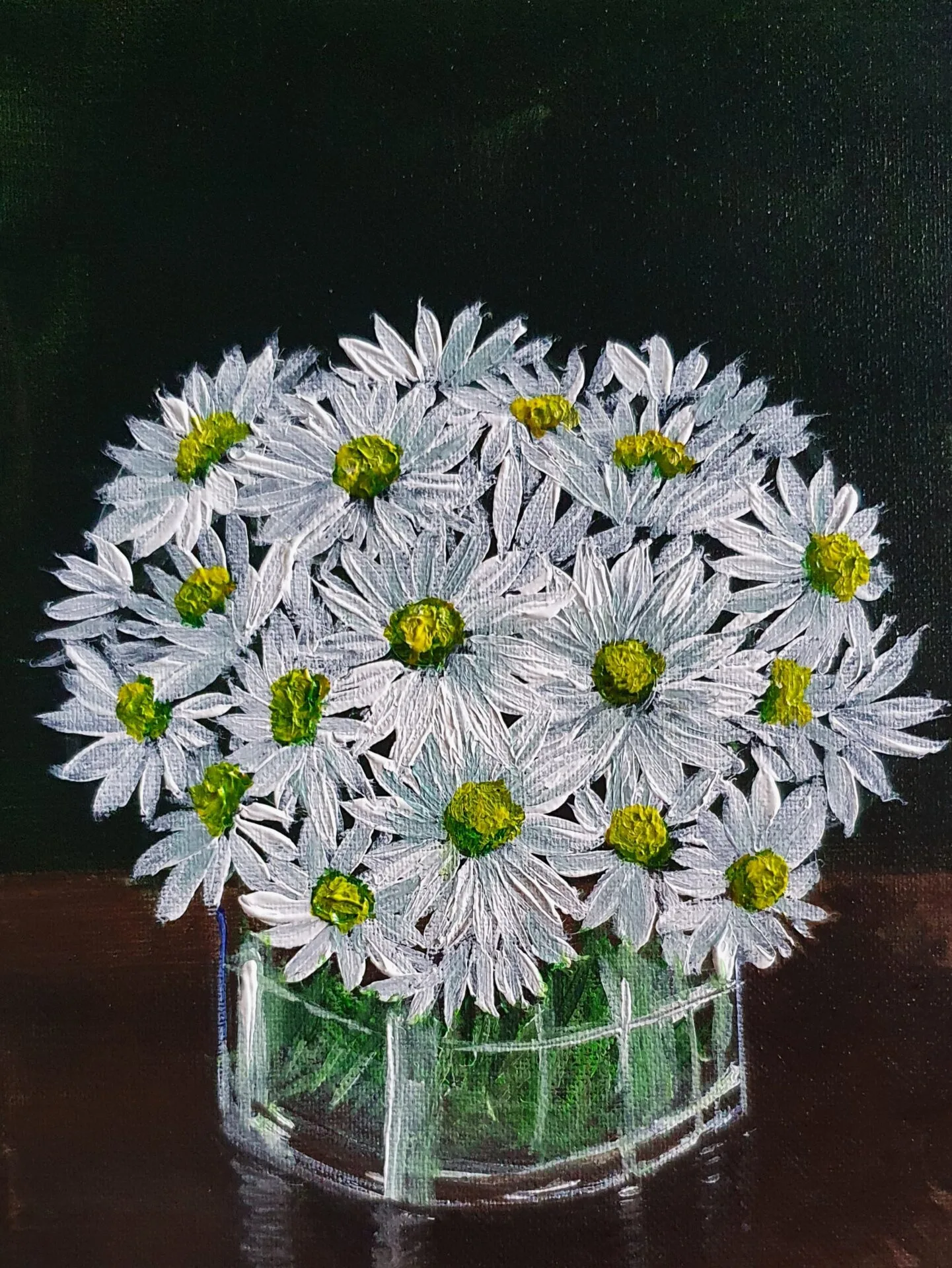 Daisies painting with white daisies in a glass vase against a dark background by Danielle Siauw