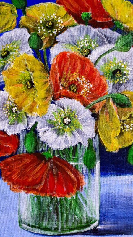 Danielle Art Original Acrylic and Oil Paintings Colorful poppy painting in a glass vase, vibrant floral art