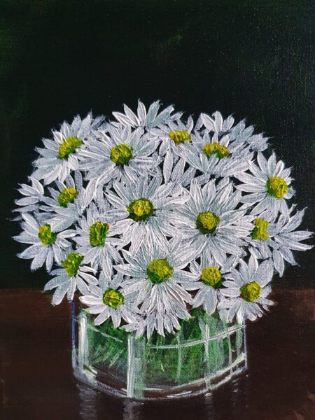 Danielle Art Original Acrylic and Oil Paintings Painting of daisies in a glass vase on a dark background, for the Small Matter Exhibition.