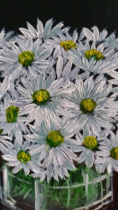 Danielle Art Original Acrylic and Oil Paintings Acrylic painting of white daisies with green centers in a clear vase.