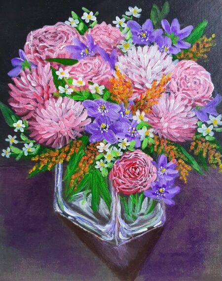 Danielle Art Original Acrylic and Oil Paintings Floral still life painting with pink roses, purple violets, and white daisies in a glass vase.