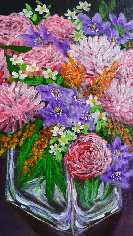 Danielle Art Original Acrylic and Oil Paintings Acrylic painting of a vibrant floral bouquet in a glass vase, featuring roses, daisies, and purple flowers.