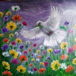 Joy Hope and Peace painting with a white dove above flowers and rays of sunlight by Danielle Siauw