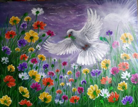 Danielle Art Original Acrylic and Oil Paintings Original Acrylic Painting – Joy, Hope, and Peace: Dove in flight over a colorful flower meadow.