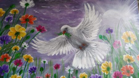 Danielle Art Original Acrylic and Oil Paintings Dove of peace carrying olive branch, vibrant flowers in a field, purple sky