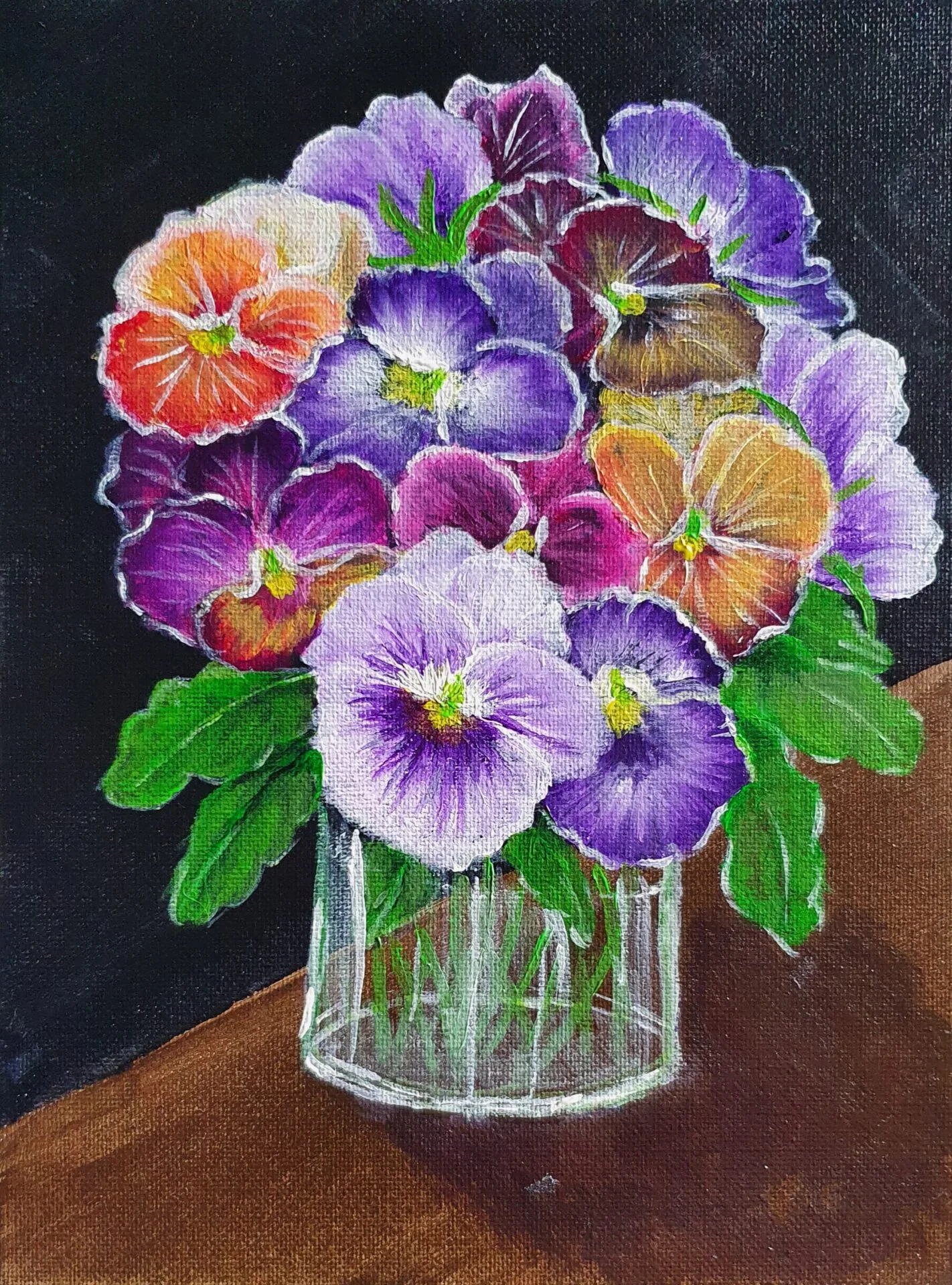 Bouquet of Pansies painting with colourful pansies in a glass vase by Danielle Siauw