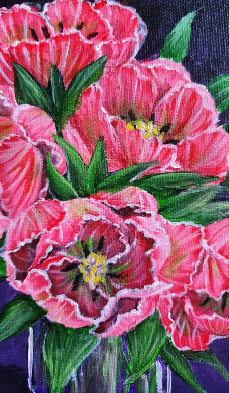 Danielle Art Original Acrylic and Oil Paintings Painting of pink peony flowers in a vase, with green leaves and a dark background.