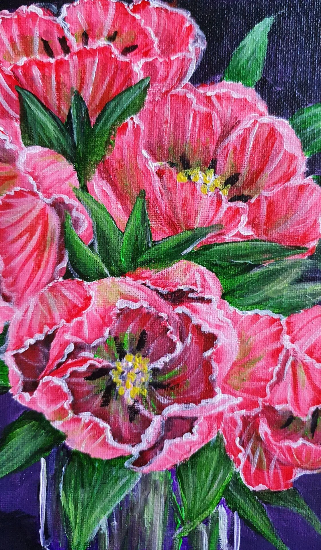 Danielle Art Original Acrylic and Oil Paintings Painting of pink peony flowers in a vase, with green leaves and a dark background.