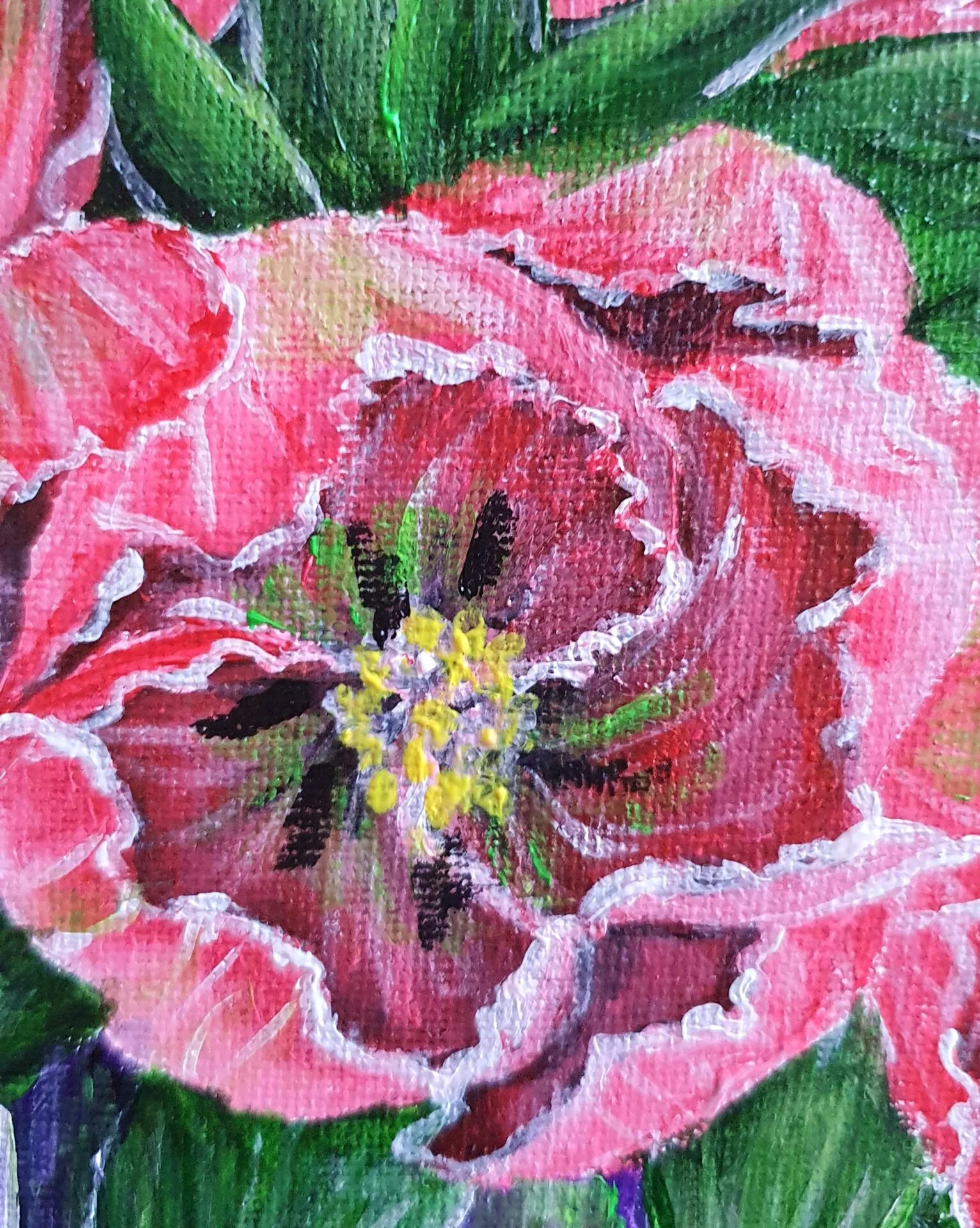 Danielle Art Original Acrylic and Oil Paintings Close-up of a pink tulip painting, part of green fashion art.