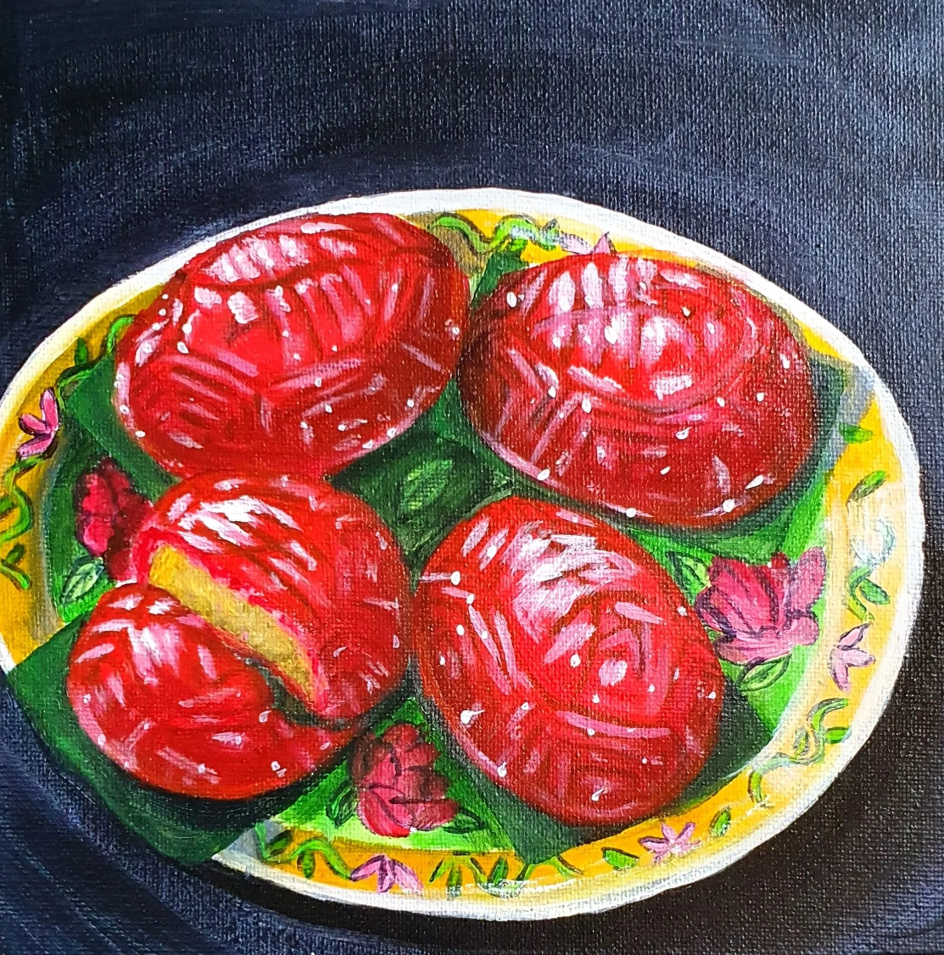 Ang Ku Kueh painting of red tortoise-shaped cakes on a decorative plate by Danielle Siauw