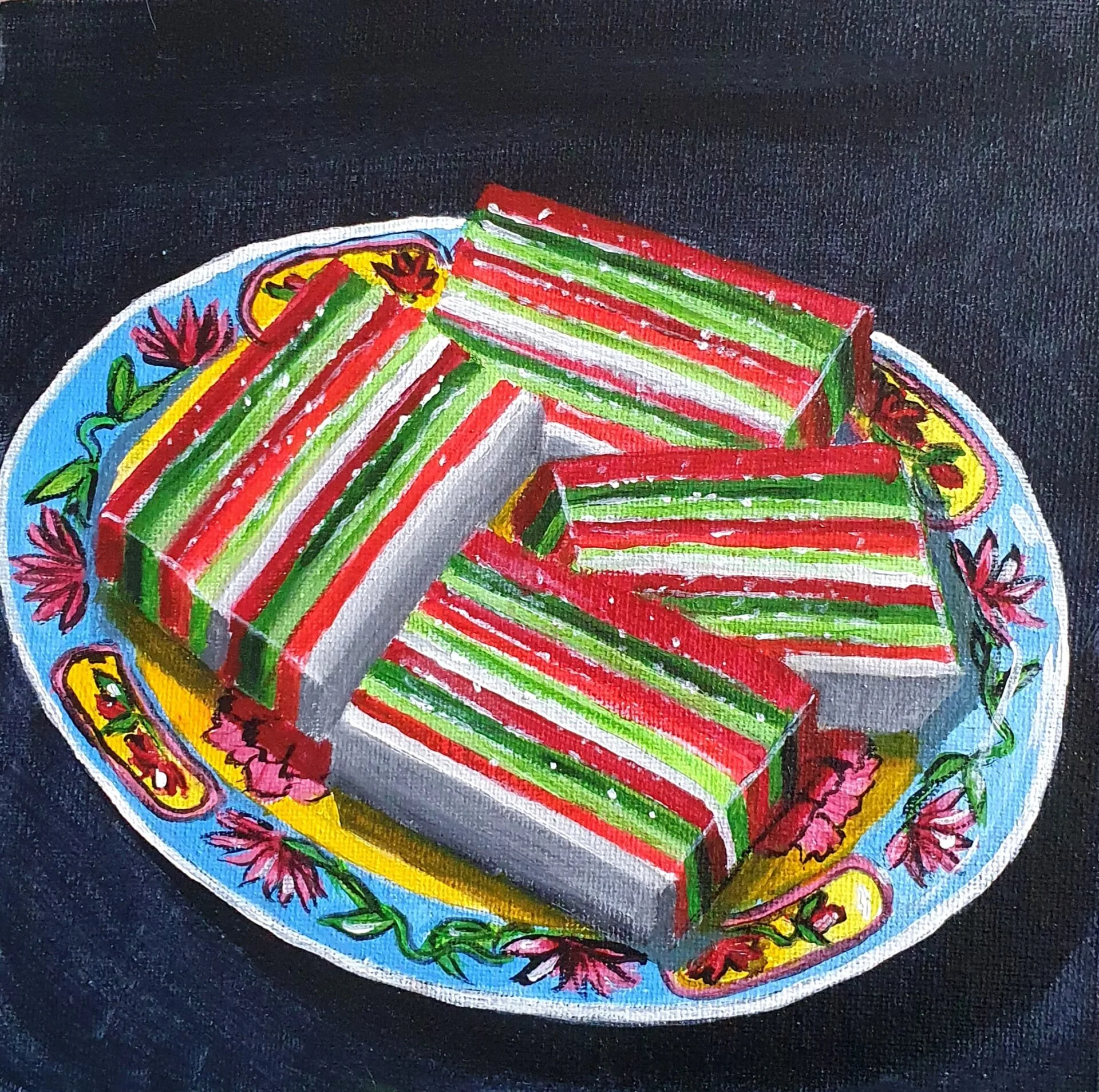 Rainbow Kueh Lapis painting with layered red green and white slices on a decorative plate by Danielle Siauw