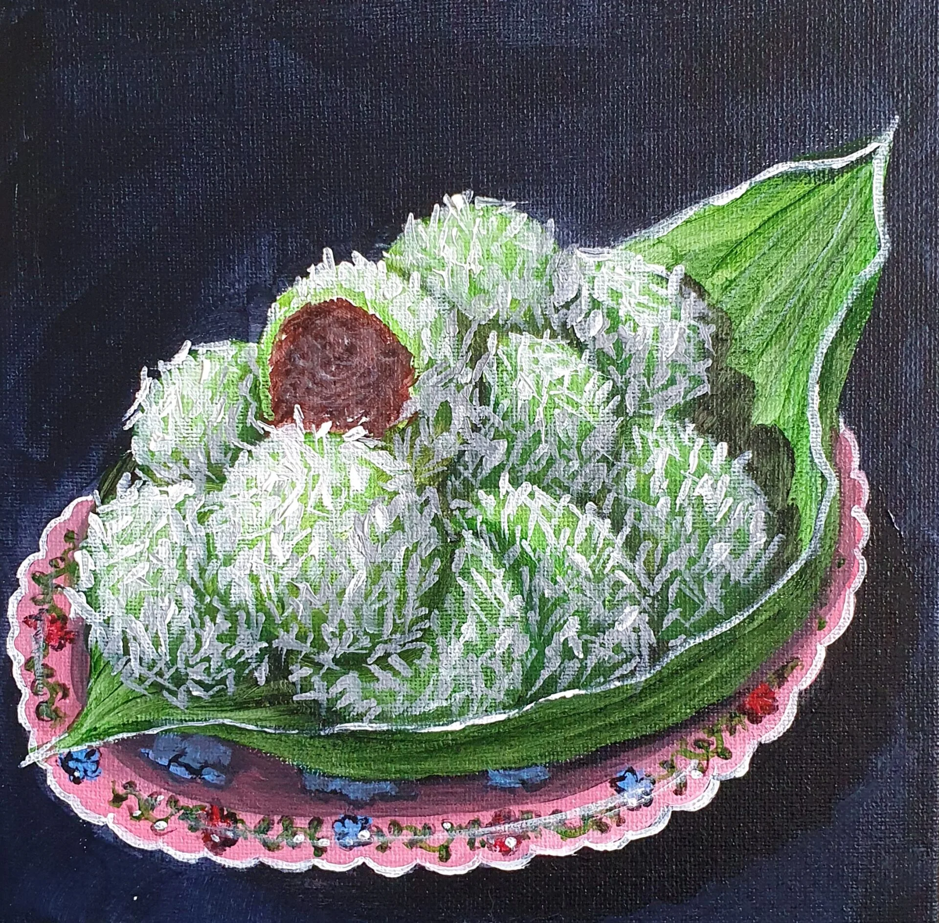 Ondeh-Ondeh painting of traditional coconut-coated sweets on a decorative plate by Danielle Siauw